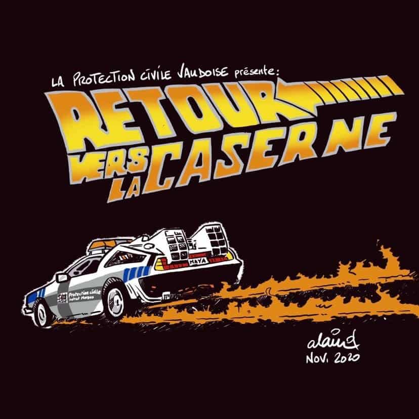 La Protection civile vaudoise se remobilise pour lutter contre le COVID19. Dessin Alain Delaloye source : https://www.facebook.com/pcivd/photos/a.927498777331316/3427047294043106